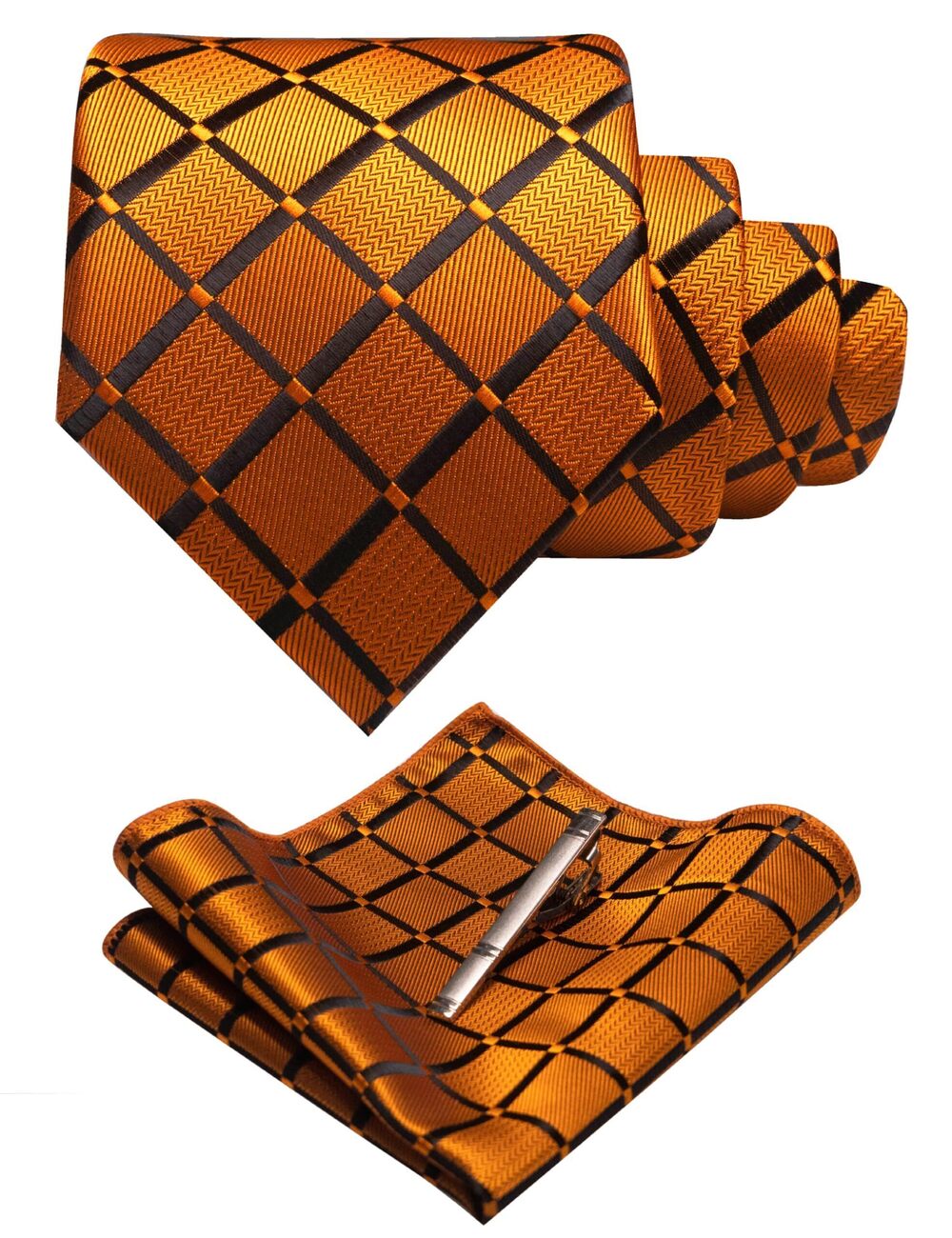 1502 Orange Plaid Tie Silk Neckie and Pocket Square with Tie Clip Sets